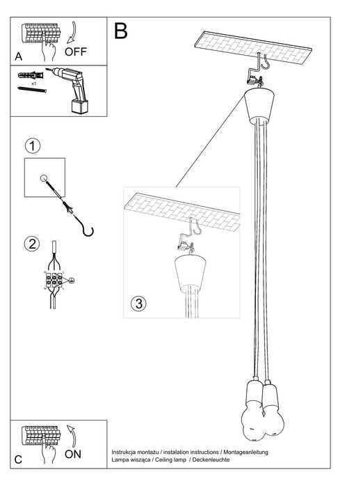 DIEGO 3 taklampa grå + 3x LED-lampa E27 4000K Cold 7,5W 650lm