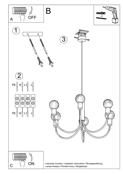 Ljuskrona PICCOLO 5 + 5x LED-lampa E27 4000K Kall 7,5W 650lm