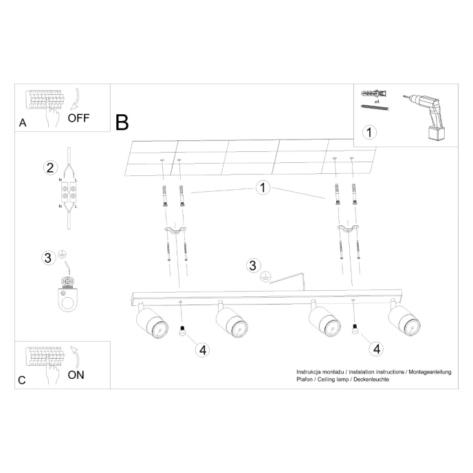 Taklampa NERO 4 svart/guld