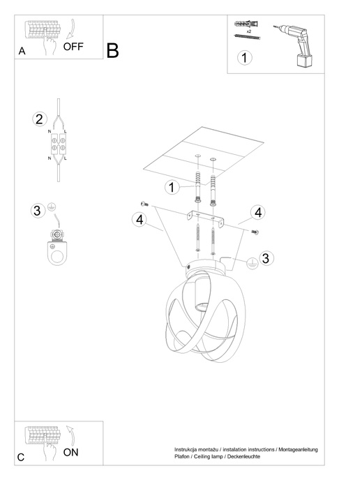 Plafond TULOS svart + 1x LED-lampa E27 4000K Kall 7,5W 650lm