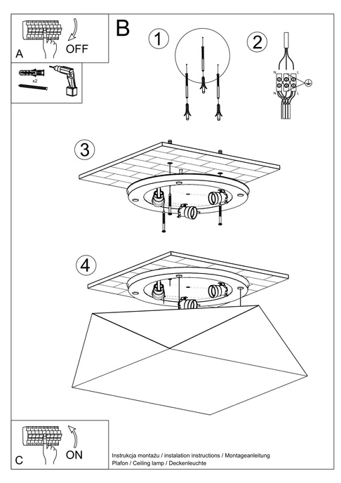 Plafond HEXA 45 BLACK + 3x LED-lampa E27 3000K varm 7,5W 620lm