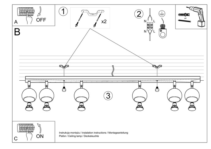 Plafond OCULARE 6L svart + 6x LED-lampa GU-10 4000K kall 7W 630lm