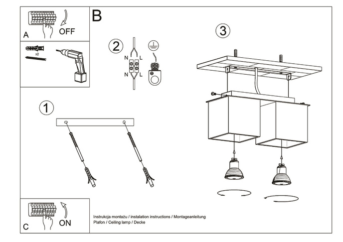 Plafond QUAD 2 grå + 2x LED-lampa GU-10 3000K varm 7W 620lm