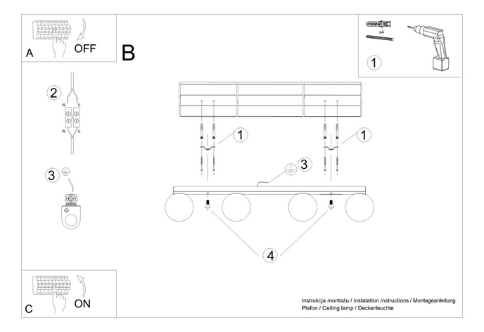 Plafond YOLI 4 vit + 4x LED-lampa G9 3000K varm 4,5W 450lm