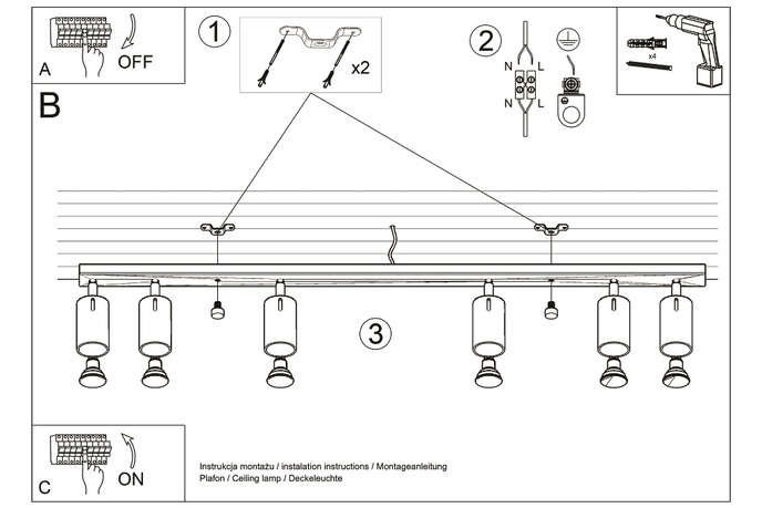 Plafond RING 6L grå + 6x LED-lampa GU-10 4000K kall 7W 630lm