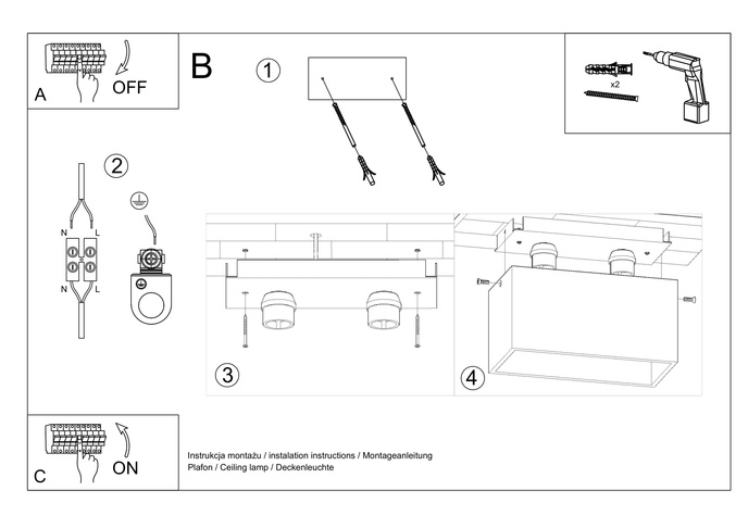 Plafond QUAD MAXI grå + 2x LED-lampa GU-10 4000K kall 7W 630lm