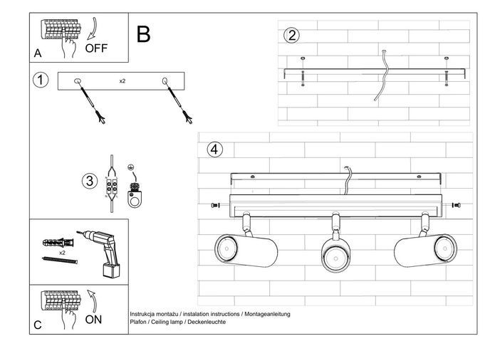 Plafond DIREZIONE 3 svart + 3x LED-lampa GU-10 4000K Kall 7W 630lm