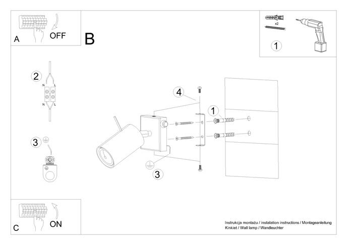 Vägglampa RING svart med strömbrytare + 1x LED-lampa GU-10 3000K varm 7W 620lm