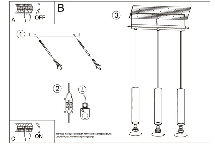 LED-pendellampa LAGOS 3 vit + 3x LED-lampa GU-10 3000K varm 7W 620lm