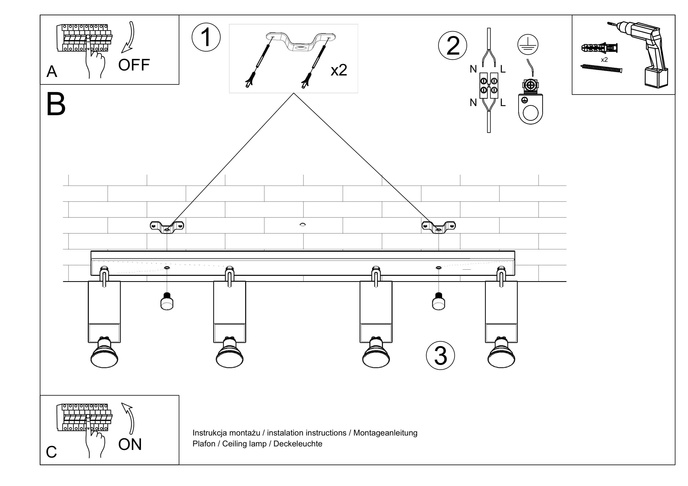 Plafond MERIDA 4L vit + 4x LED-lampa GU-10 3000K varm 7W 620lm