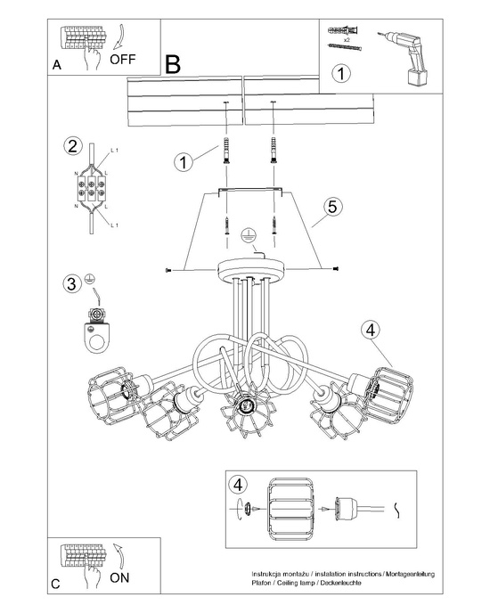 Ljuskrona BELUCI 5S svart + 5x LED-lampa E14 3000K varm 7,5W 620lm