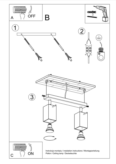 Plafond MERIDA 2 vit + 2x LED-lampa GU-10 4000K Kall 7W 630lm