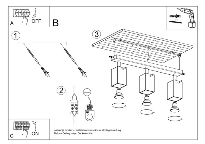 Plafond MERIDA 3 grå + 3x LED-lampa GU-10 4000K Kall 7W 630lm