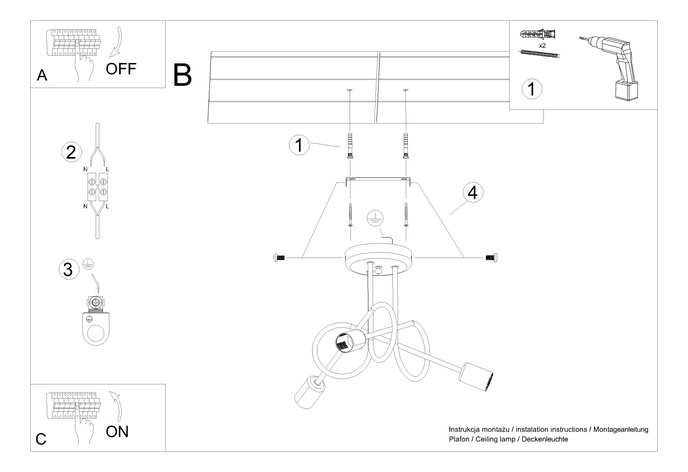 Ljuskrona SUPEŁ 3 svart = 3X LED-lampa E27 3000K 7W 760lm