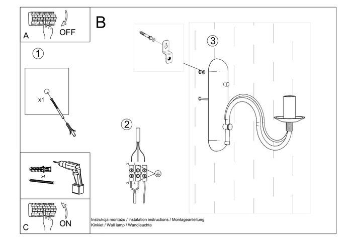 Vägglampa MINERWA svart + 1x LED-lampa E14 3000K varm 7,5W 620lm