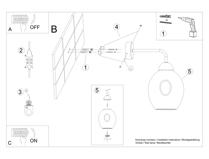 Vägglampa FILLAN 1 svart + 1x LED-lampa E27 3000K varm 7,5W 620lm