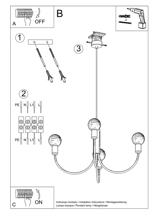 Ljuskrona PICCOLO 3 + 3x LED-lampa E27 3000K varm 7,5W 620lm