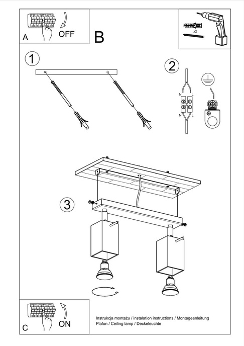 Plafond MERIDA 2 vit + 2x LED-lampa GU-10 3000K varm 7W 620lm