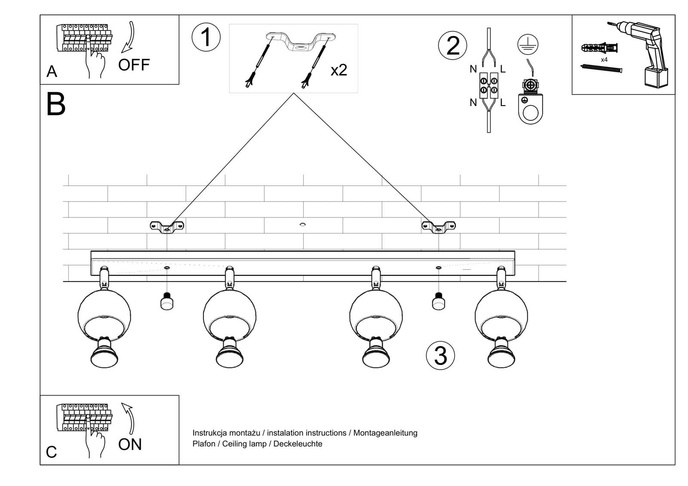 Plafond OCULARE 4L svart + 4x LED-lampa GU-10 3000K varm 7W 620lm