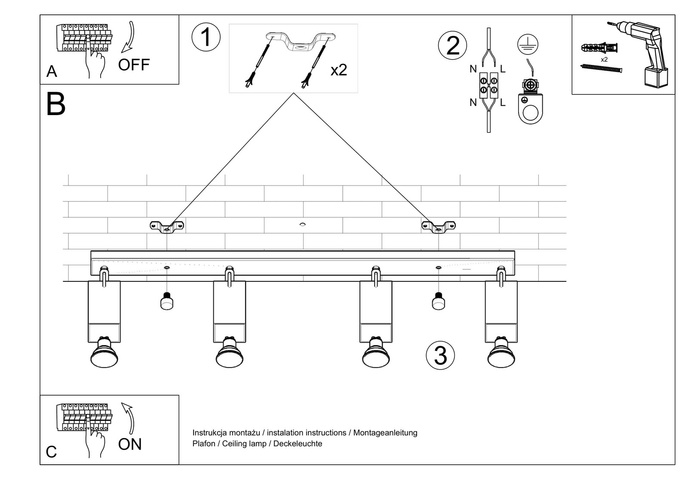 Plafond MERIDA 4L vit + 4x LED-lampa GU-10 4000K kall 7W 630lm