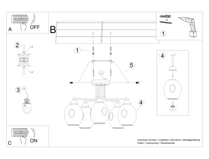 Ljuskrona FILLAN 5 svart + 5x LED-lampa E27 3000K varm 7,5W 620lm