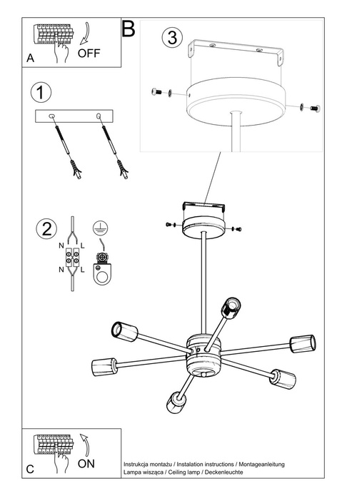 Ljuskrona LANGO 6 svart+ 6x LED-lampa E27 3000K varm 7,5W 620lm