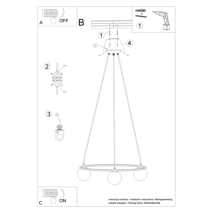 Ljuskrona YOLI 3 + 3x LED-lampa G9 4000K Kall 4,5W 460lm
