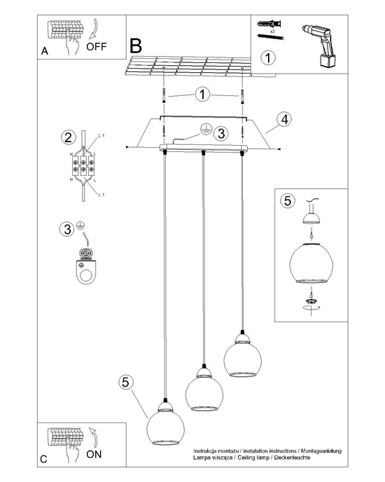 ALINO 3 pendellampa svart + 3x LED-lampa E27 4000K Cold 7,5W 690lm