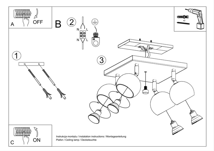 Plafond OCULARE 4 vit + 4x LED-lampa GU-10 4000K Kall 7W 630lm
