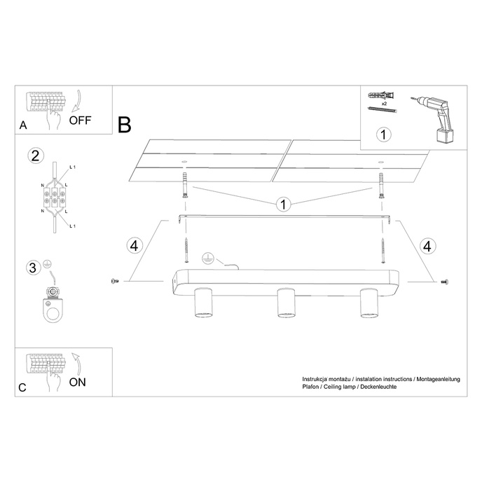 Plafond TAVO 3 + 3x LED-lampa E27 3000K 7W 760lm
