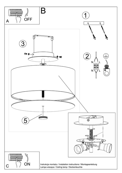 Plafond SKALA 30 svart + 3x LED-lampa E27 4000K Kall 7,5W 650lm