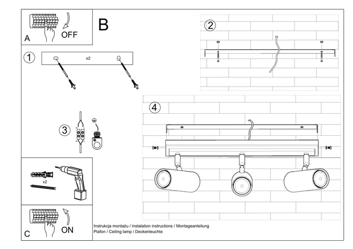 Plafond DIREZIONE 3 vit + 3x LED-lampa GU-10 4000K kall 7W 630lm