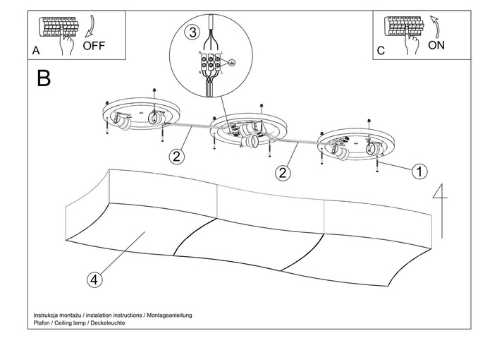 Plafond SQUARE 3 vit + 6x LED-lampa E27 3000K varm 7,5W 620lm