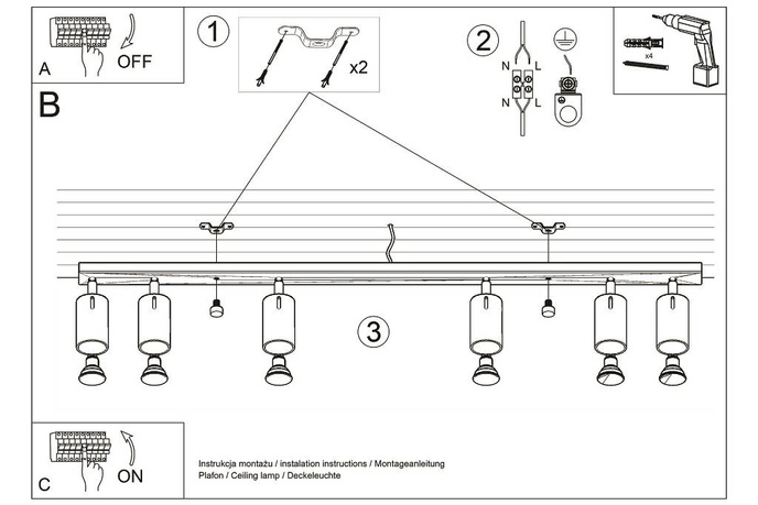 Plafond RING 6L grå + 6x LED-lampa GU-10 3000K varm 7W 620lm