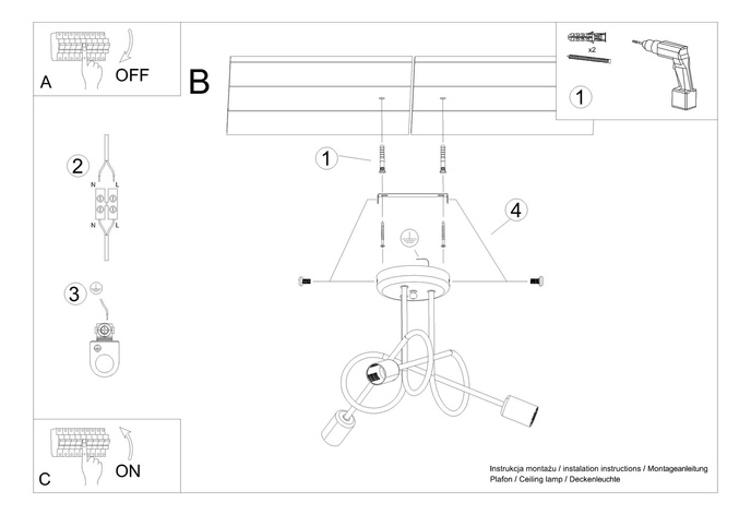 Ljuskrona SUPEŁ 3 svart = 3X LED-lampa E27 3000K 7W 760lm