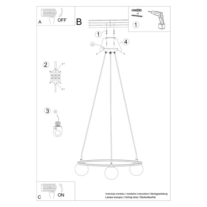 Ljuskrona YOLI 3 + 3x LED-lampa G9 3000K varm 4,5W 450lm