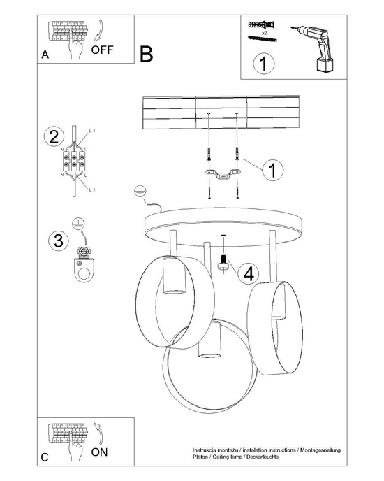 Plafond TITRAN 3 vit + 3x LED-lampa E27 4000K Kall 7,5W 690lm