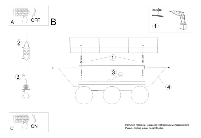 Plafond YOLI 3 svart + 3x LED-lampa G9 3000K varm 4,5W 450lm