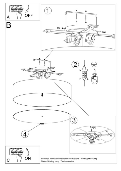 Plafond SKALA 90 vit + 6x LED-lampa E27 3000K varm 7,5W 620lm