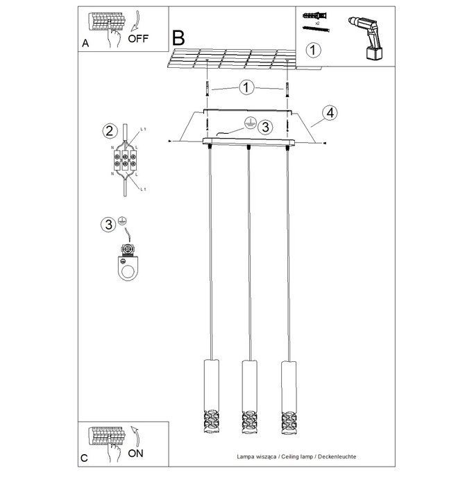 Taklampa LIRO 3L vit + 3X LED-lampa GU-10 4000K kall 7W 530lm