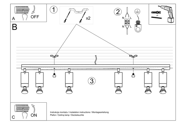 Plafond RING 4L Grå + 4x LED-lampa GU-10 4000K Kall 7W 630lm