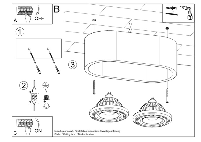Plafond BASIC 2 betong + 2x LED-lampa GU10 AR111 3000K varm 12W 800lm