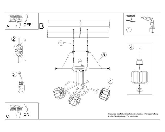 Ljuskrona BELUCI 3S svart + 3x LED-lampa E14 3000K varm 7,5W 620lm