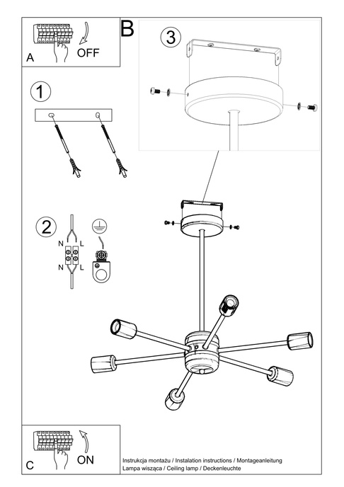 Ljuskrona LANGO 6 svart+ 6x LED-lampa E27 3000K varm 7,5W 620lm