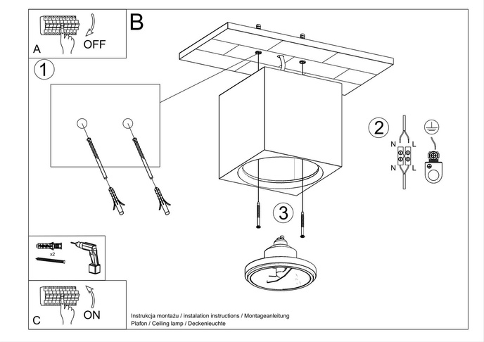 SEIDA keramisk plafond vit + 1x LED-lampa GU10 AR111 4000K COLD 10W 850lm