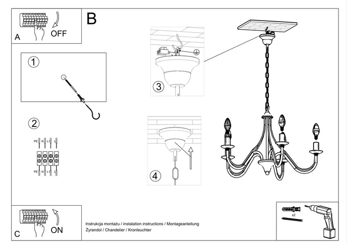 Ljuskrona MINERWA 5 vit + 5x LED-lampa E14 3000K varm 7,5W 620lm