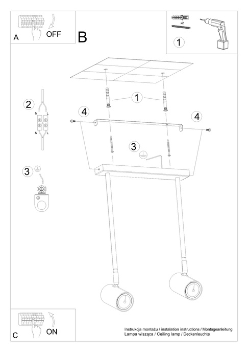 Plafond NORANO 2 svart + 2x LED-lampa GU-10 4000K Kall 7W 630lm