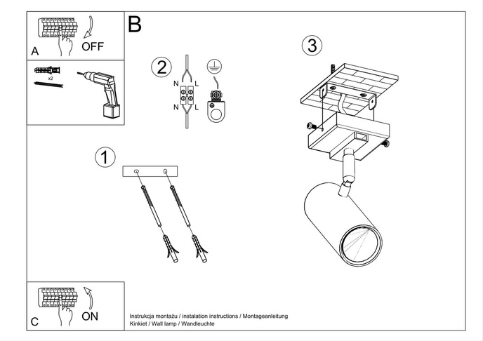 Plafond DIREZIONE 1 svart + 1x LED-lampa GU-10 3000K varm 7W 620lm